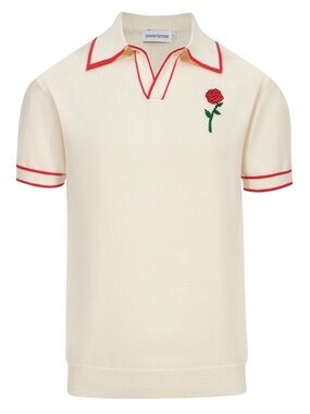 OXKNITSTORE Retro Cream Polo Sweater with Red Rose- Men or Women Size Large